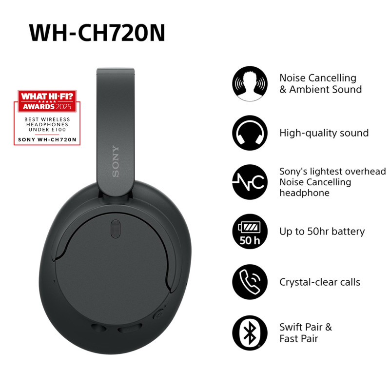Sony WH-CH720N Cuffie Bluetooth wireless con cancellazione del rumore - Durata della batteria fino a 35 ore e ricarica rapida -