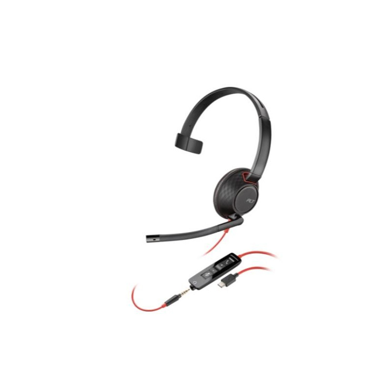 HP Poly Cuffie monoaurali Poly Blackwire 5210 con connettore USB-C + spina da 3,5 mm + adattatore USB-C/A