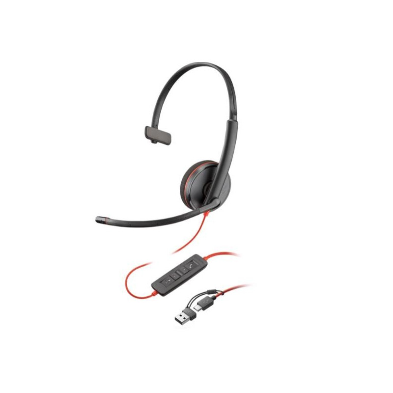 HP Poly Cuffie monoaurali Poly Blackwire 3210 con connettore USB-C + adattatore USB-C/A