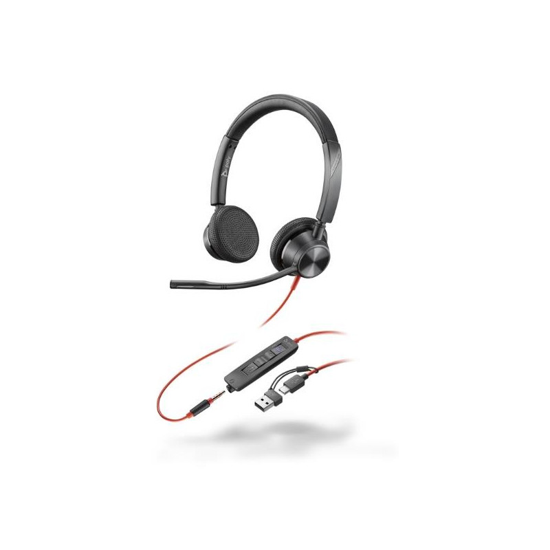 HP Poly Cuffie stereo Poly Blackwire 3325 con connettore USB-C, certificate per Microsoft Teams + spina da 3,5 mm + adattatore U