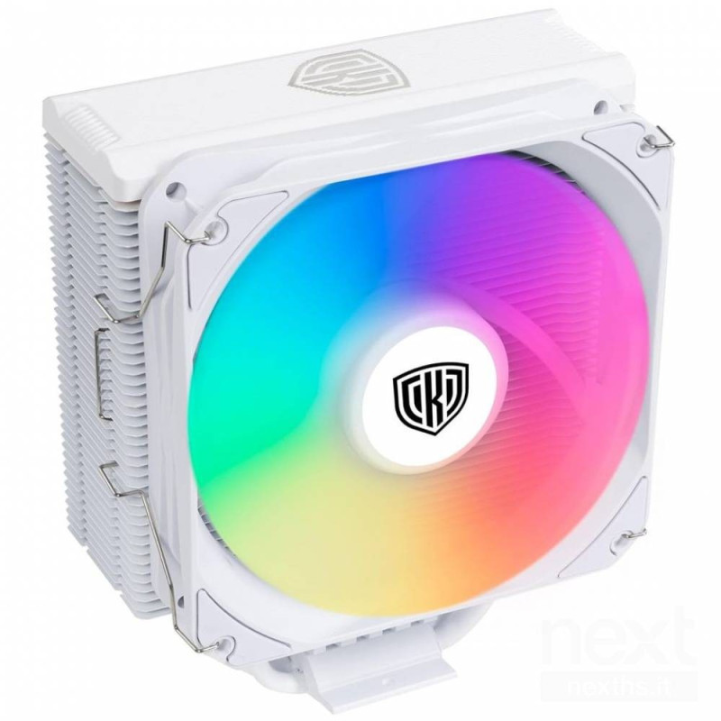 Kolink Umbra EX180 offre raffreddamento efficiente per CPU Intel e AMD. Design bianco con illuminazione ARGB e ventola PWM da 12