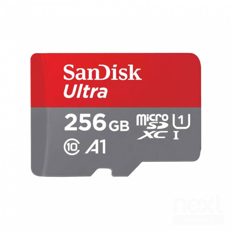 Sandisk Ultra MicroSDXC offre 256GB, ideale per Android. bVelocità di lettura/b fino a 150 MB/s, classe A1 per app e adattatore