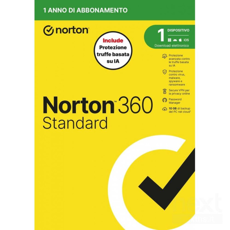 Norton 360 Standard protegge dai bvirus/b e offre 10GB di spazio cloud per 1 dispositivo. Ideale contro le bfrodi online/b, vali