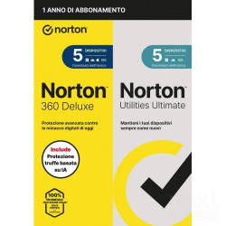 Norton 360 Deluxe + Utilities Ultimate protegge dai bvirus/b e offre 50GB di spazio cloud per 5 dispositivi. Ideale contro le bf
