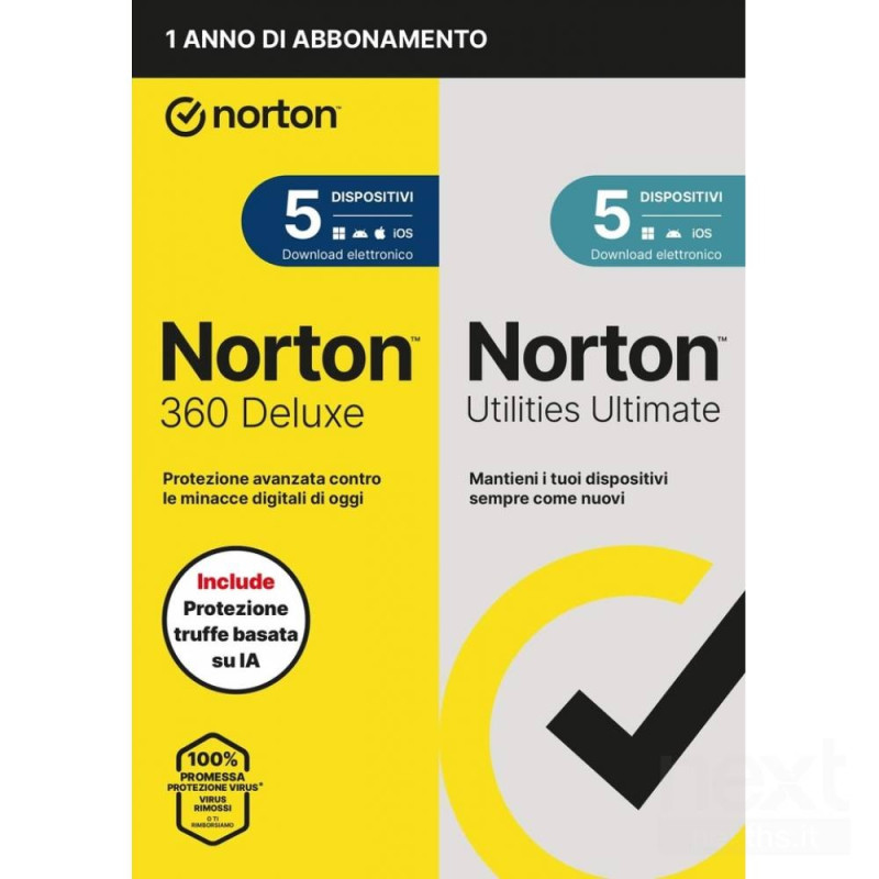 Norton 360 Deluxe + Utilities Ultimate protegge dai bvirus/b e offre 50GB di spazio cloud per 5 dispositivi. Ideale contro le bf