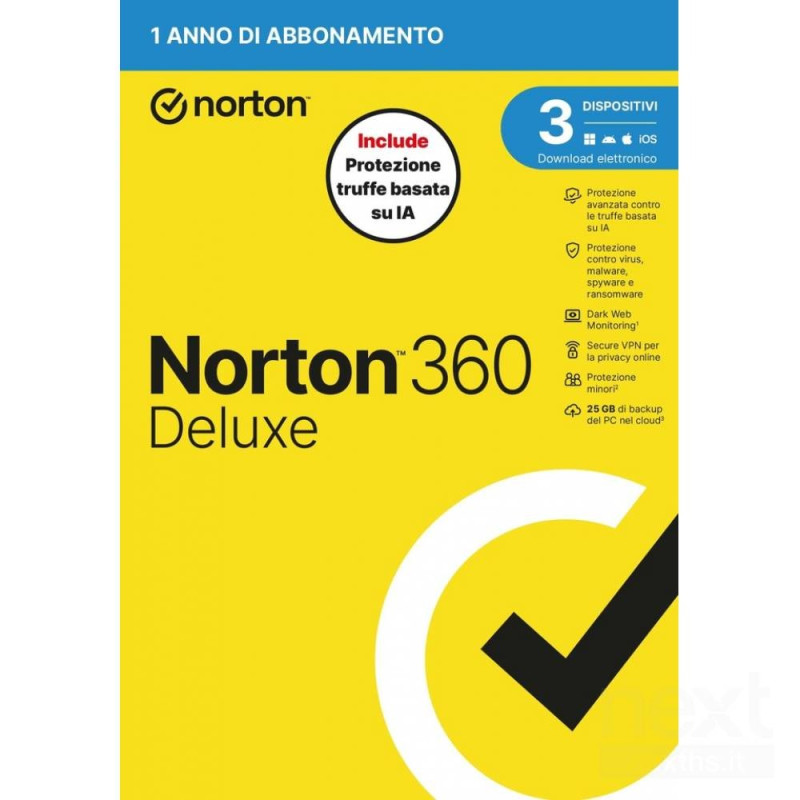 Norton 360 Deluxe protegge dai bvirus/b e offre 25GB di spazio cloud per 3 dispositivi. Ideale contro le bfrodi online/b, valido