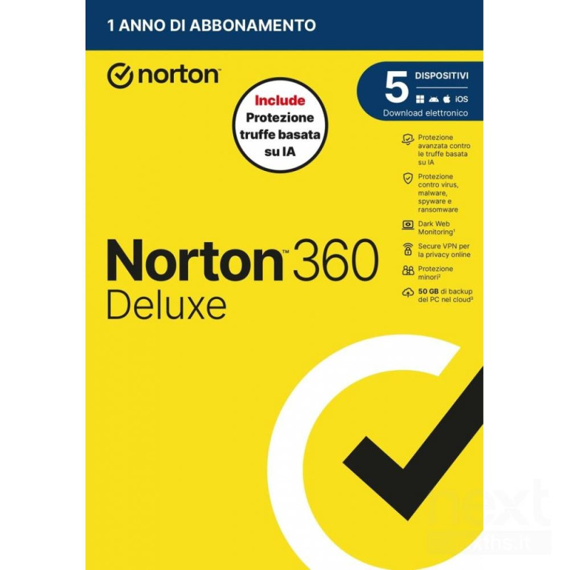 Norton 360 Deluxe protegge dai bvirus/b e offre 50GB di spazio cloud per 5 dispositivi. Ideale contro le bfrodi online/b, valido
