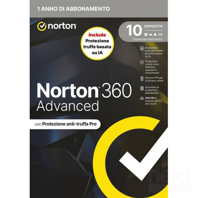 Norton 360 Advanced protegge dai bvirus/b e offre 200GB di spazio cloud per 10 dispositivi. Ideale contro le bfrodi online/b, va
