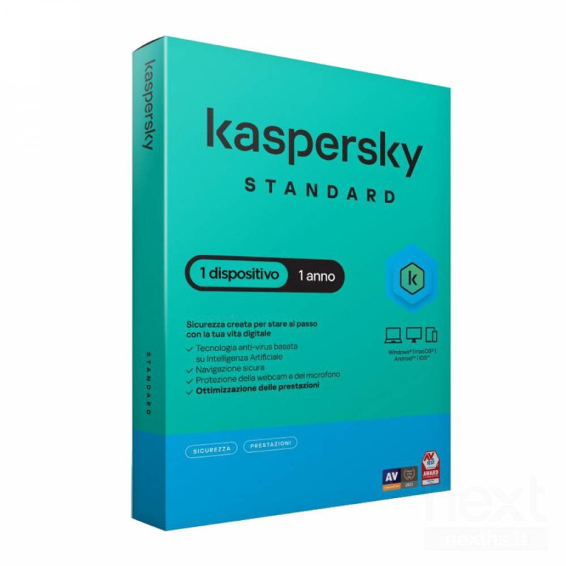 Kaspersky Standard protegge il tuo dispositivo per 1 anno, offrendo una difesa bantivirus/b essenziale. Ideale per la sicurezza