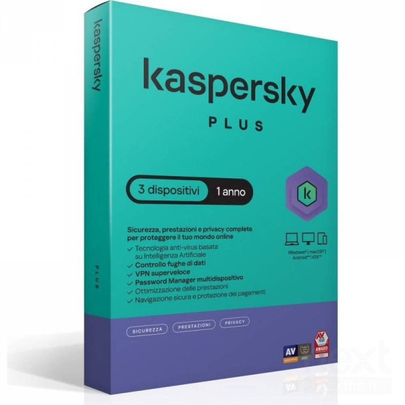 Kaspersky Plus protegge 3 dispositivi per 1 anno con bantivirus AI/b, navigazione sicura e protezione pagamenti per il tuo mondo