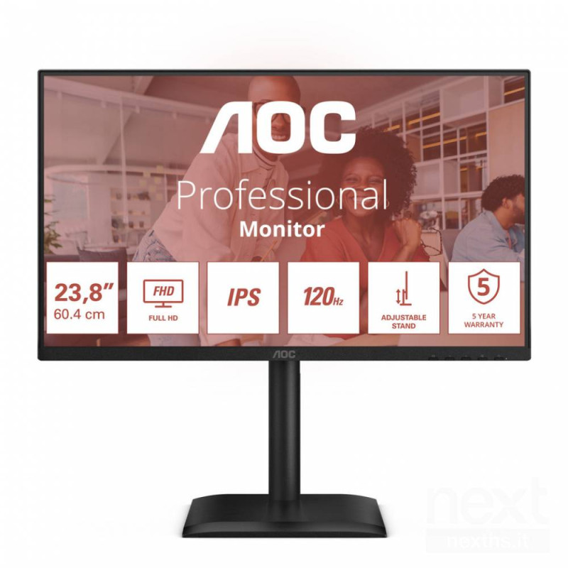 AOC 24E4U offre immagini nitide grazie al bpannello IPS/b, risoluzione FHD e frequenza di aggiornamento a 120Hz. Dotato di bAdap
