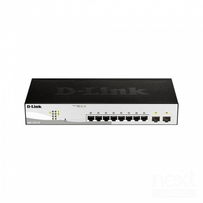 D-Link DGS-1210-10 è uno bswitch di rete gestito/b con b8 porte Gigabit/b e 2 slot SFP, ideale per piccole e medie imprese.
