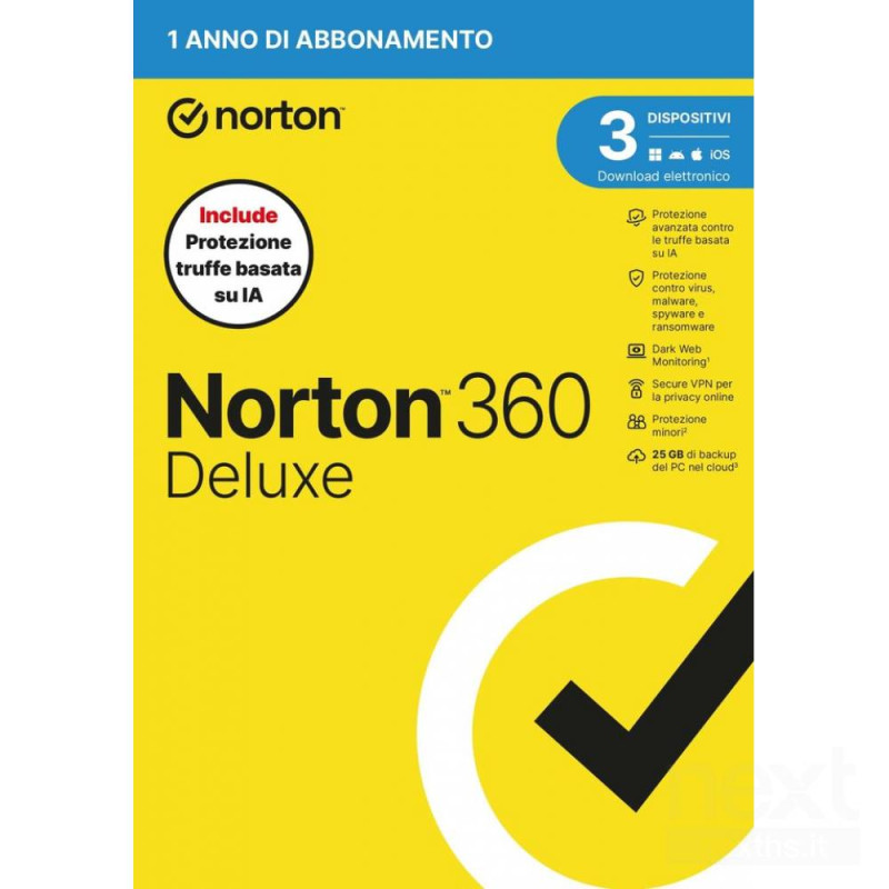 Norton 360 Deluxe protegge dai bvirus/b e offre 25GB di spazio cloud per 3 dispositivi. Ideale contro le bfrodi online/b, valido