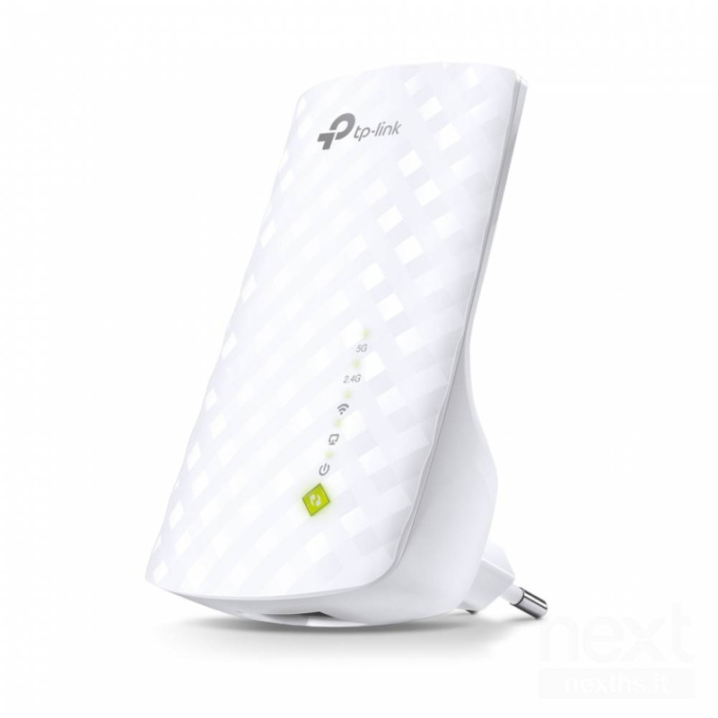 TP-Link RE200 e' un Range Extender con una porta gigabit e sistema Wi-Fi dual band, 300Mbps su 2.4GHz e 433MBps su 5GHz