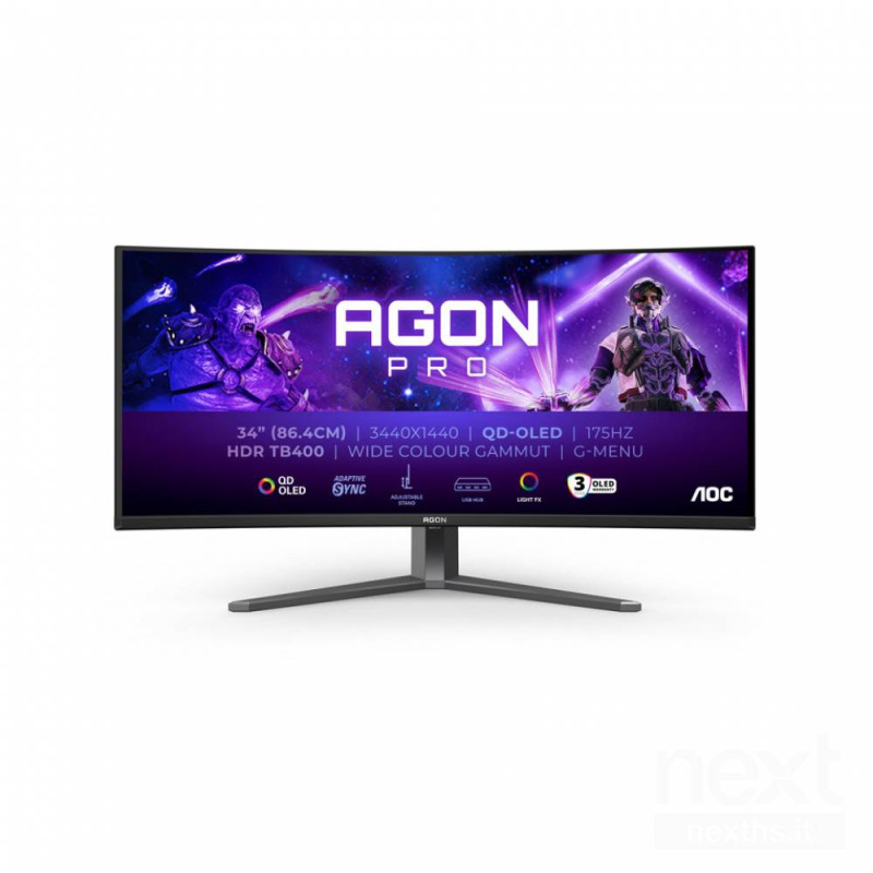 AOC AGON PRO AG346UCD è un monitor gaming da 34 pollici con tecnologia QD-OLED e risoluzione WQHD. Offre 175 Hz di refresh rate