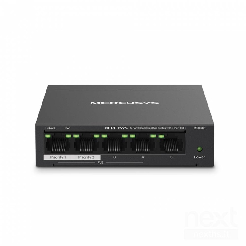 Mercusys MS105GP offre 5 porte Gigabit Ethernet e 4 porte bPoE+/b per connessioni di rete ad alta velocità. Supporta modalità Ex