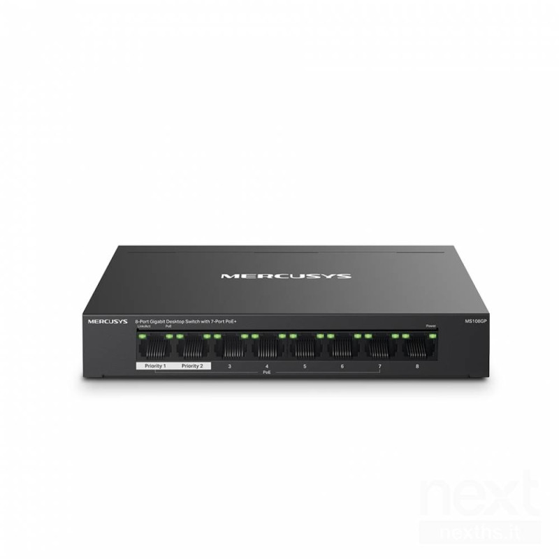 Mercusys MS108GP è uno switch desktop bGigabit/b a 8 porte con bPoE+/b, ideale per alimentare dispositivi tramite cavo Ethernet.