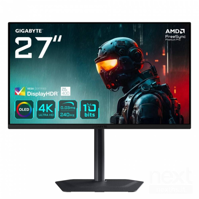GIGABYTE MO27U2 è un monitor gaming con display QD-OLED 4K UHD, refresh rate di 240Hz e tempo di risposta di 0,03 ms.